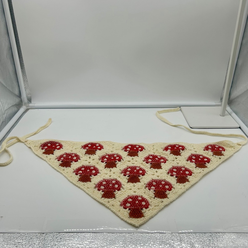 Crochet Mushroom Bandana‎ Headscarf Cream Red Toadstool Boho Festival - Picture 5 of 5